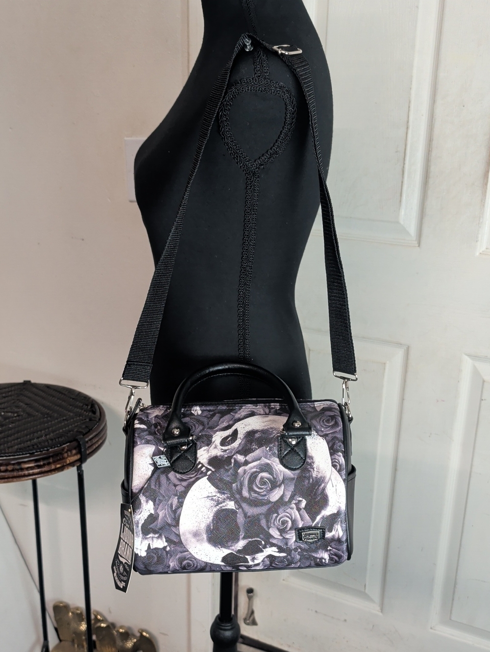 Liquor Brand Doomed Skull Roses Tattoos Gothic Punk Crossbody Handbag Purse NWT